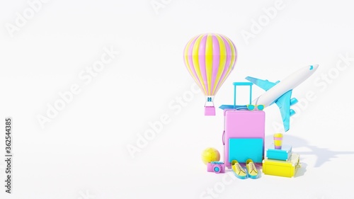 Traveling 3d rendering background. Trip concept. Tourist luggage. Traveler bag. Modern pastel color. Plain fly. Vocation. Summer holiday. Voyage. Adventure.