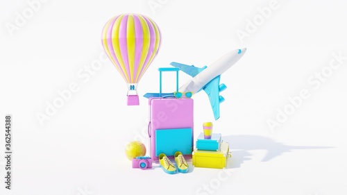 Traveling 3d rendering background. Trip concept. Tourist luggage. Traveler bag. Modern pastel color. Plain fly. Vocation. Summer holiday. Voyage. Adventure.