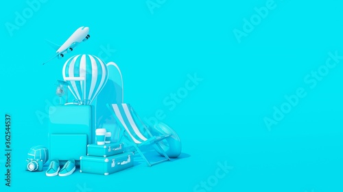Traveling 3d rendering background. Trip concept. Tourist luggage. Traveler bag. Modern pastel color. Plain fly. Vocation. Summer holiday. Voyage. Adventure.