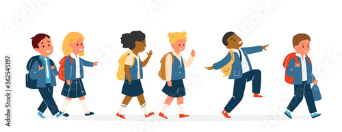 Group Of Smiling Kids Different Race In School Uniform With Backpacks Walking. Primary School Pupils. Flat Vector Illustration.