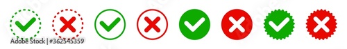 Check mark and red cross icons. Yes and no. Isolated vector elements