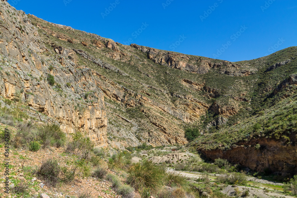Mountainous landscape with a canyon in the center