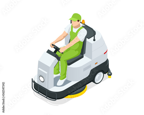 Isometric floor washing machine isolated on white background. Floor care and cleaning services. Man worker cleaning floor washing vacuum cleane