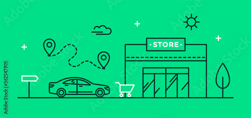 Vector illustration with a car in the parking lot near the store. Linear icon of the route to the local supermarket. Parking pictogram. Internet banner concept. 