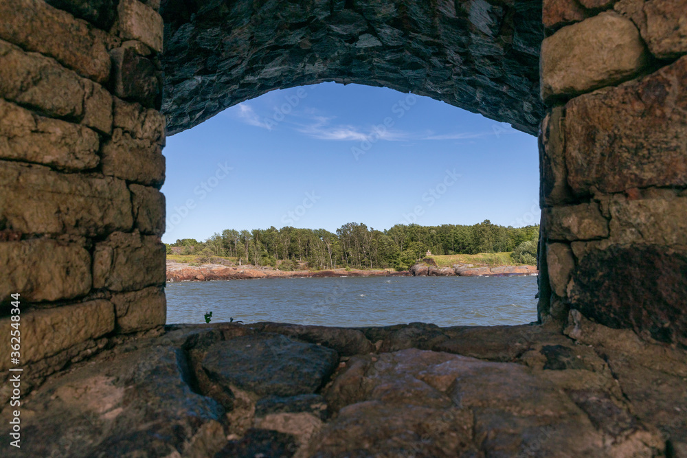 Embrasure of old Finnish fortification near Baltic Sea and Helsinki