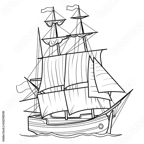 sketch of a sailboat, ship, coloring book, isolated object on a white background, vector illustration,