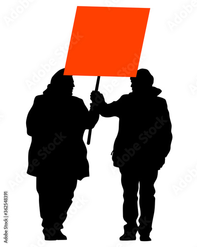People of with banner and flags. Isolated silhouettes of people on a white background