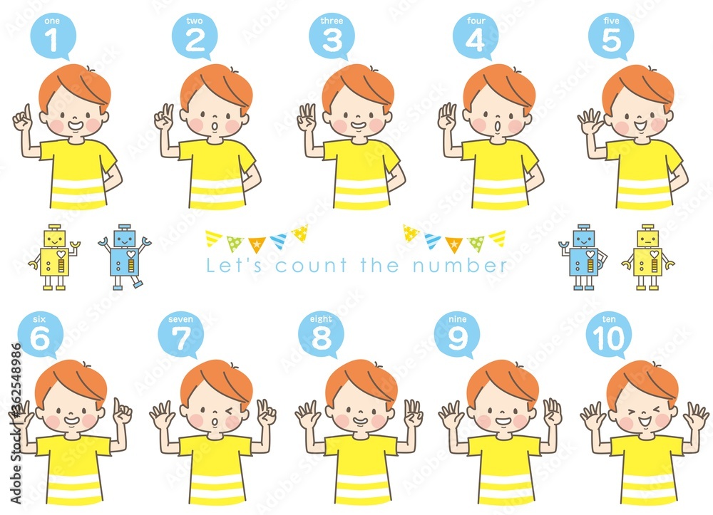 英語で1から10までの数える男の子の表情セットとロボット