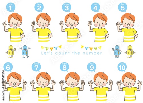 英語で1から10までの数える男の子の表情セットとロボット