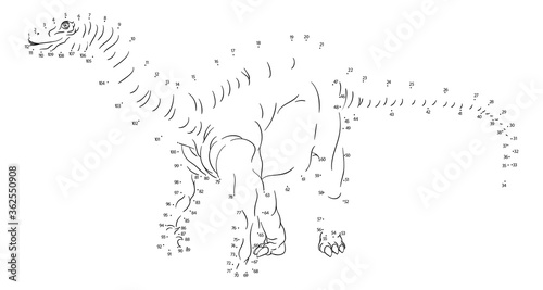 A connect or join dots to dot kids puzzle work sheet drawing of a dinosaur