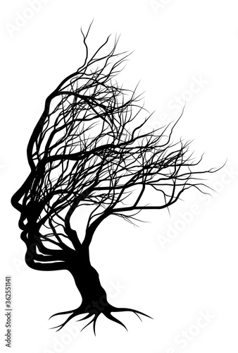 Optical illusion bare tree face child silhouette concept