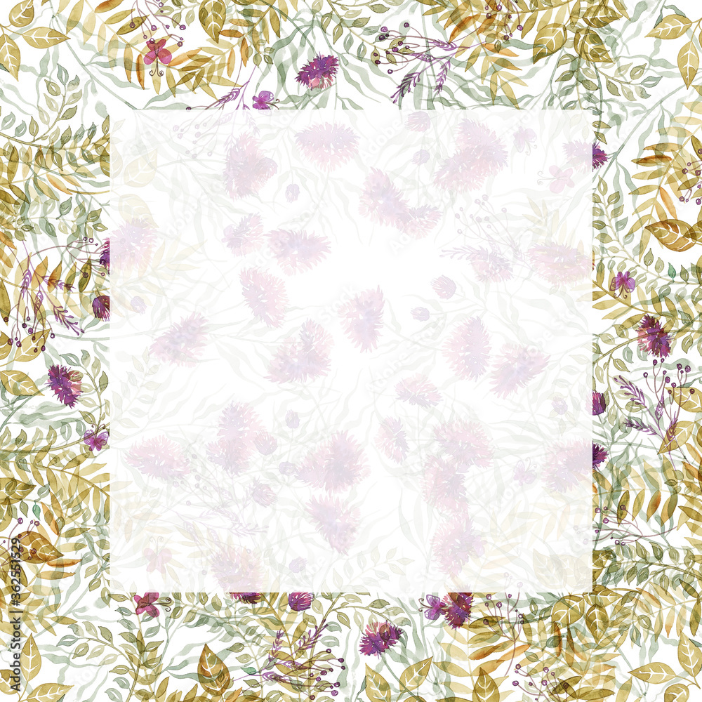 Floral background of wildflowers and leaves with a transparent white field for inscriptions, text, watercolor handmade Floral background of wildflowers and leaves with a transparent white field for inscriptions, text, watercolor handmade