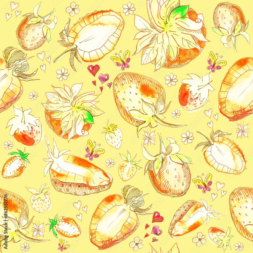Seamless pattern strawberries with butterflies and hearts on a yellow background, watercolor handmade, for background