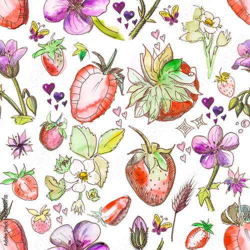 Fototapeta Naklejka Na Ścianę i Meble -  Seamless pattern strawberries and violet wildflowers on a white background, watercolor handmade