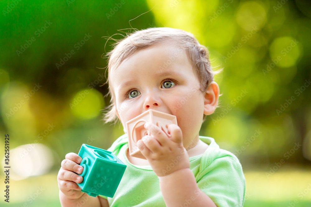 Cute kid in a green bodysuit sitting on the grass in summer plays with developing toys. The baby gnaws silicone cubes. Child development up to one year Cute kid in a green bodysuit sitting on the grass in summer plays with developing toys. The baby gnaws silicone cubes. Child development up to one year
