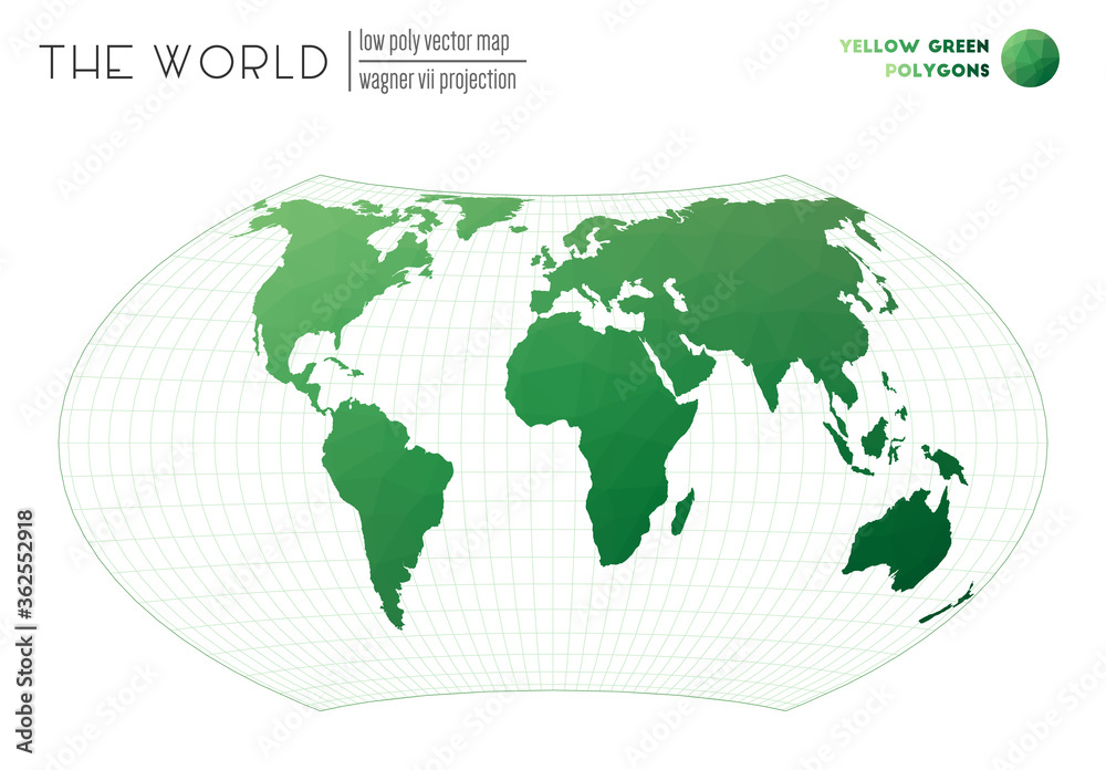 World map with vibrant triangles. Wagner VII projection of the world. Yellow Green colored polygons. Contemporary vector illustration. World map with vibrant triangles. Wagner VII projection of the world. Yellow Green colored polygons. Contemporary vector illustration.