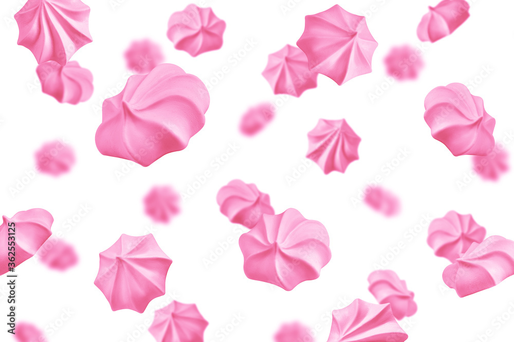 Naklejka premium Falling Pink meringue, zephyr, marshmallow, isolated on white background, selective focus