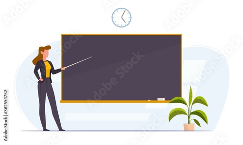 Teacher in classroom near chalkboard conduct lesson. Cartoon flat women with pointer teaching, young professor at university or college giving lecture vector concept