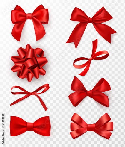 Decorative bows. Realistic red silk ribbons with bow festive decor satin rose, elements holiday packaging, elegant gift tape 3d vector set