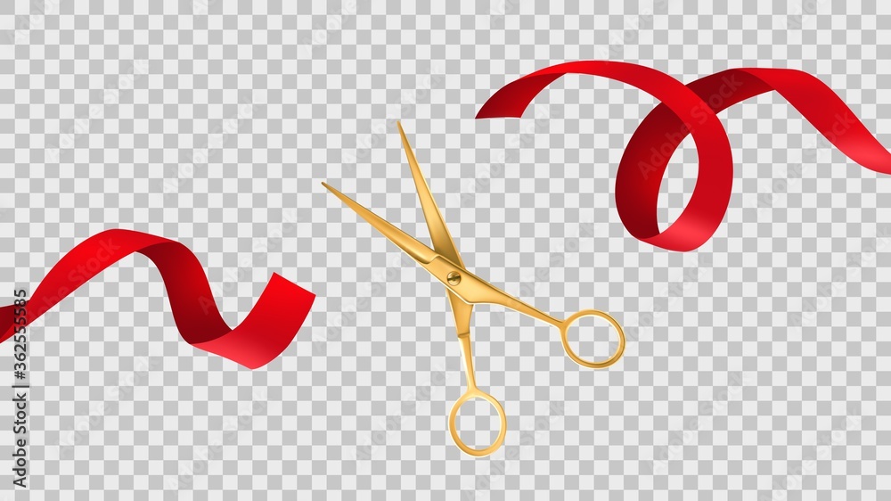 Gold scissors cut red ribbon. Grand opening ceremony, ceremonial celebration, big official open