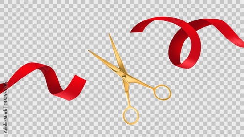 Fotografia Gold scissors cut red ribbon