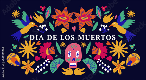 Vector illustration banner with mexican flowers for Day of the dead, Dia de los moertos. Fiesta, holiday poster, party flyer.