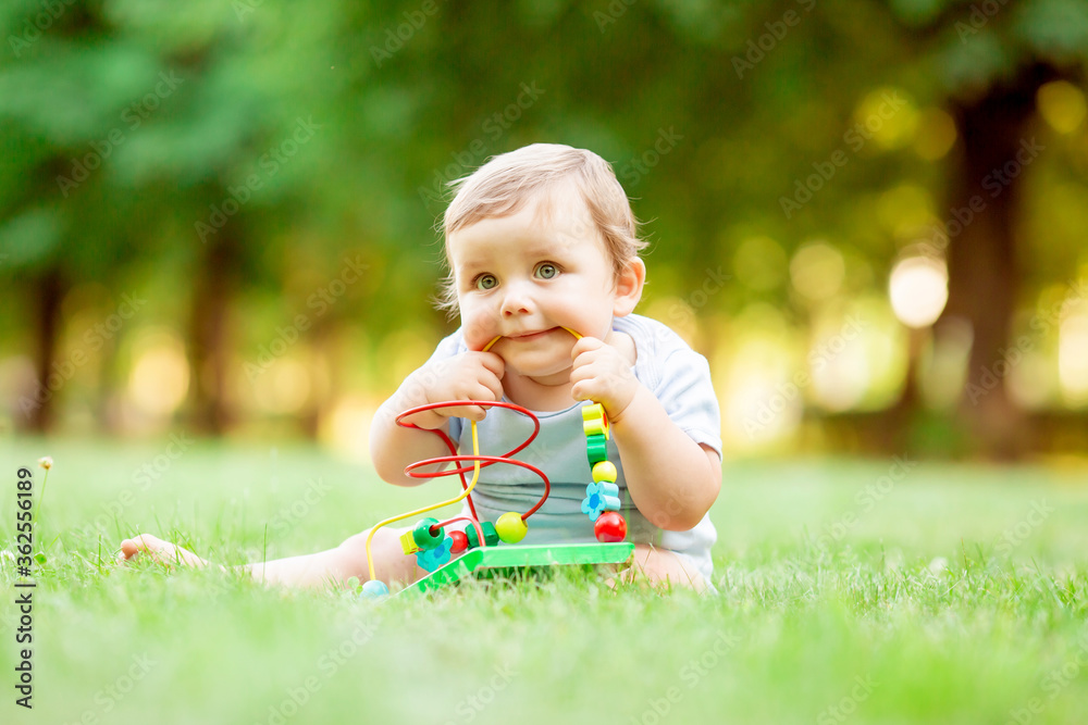Healthy toddler plays with developing toy sitting on summer grass Healthy toddler plays with developing toy sitting on summer grass