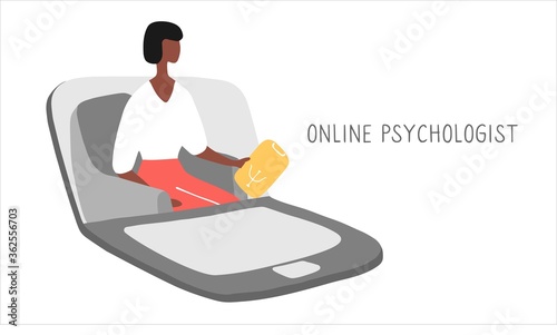 Online psychotherapy practice. Remote psychological help, psychiatrist consulting patient. Mental health care and treatment. Hand drawn vector illustration
