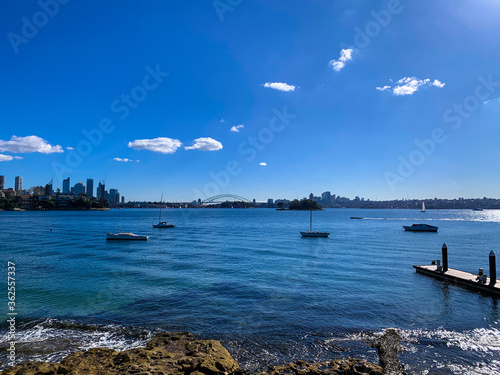 Panoramic view of Sydney Harbour in NSW Australia on a cold winters day blue skies with CBD in the background photo