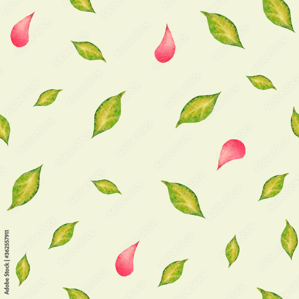 Watercolor seamless pattern. Leaves, petals on a light green background Watercolor seamless pattern. Leaves, petals on a light green background