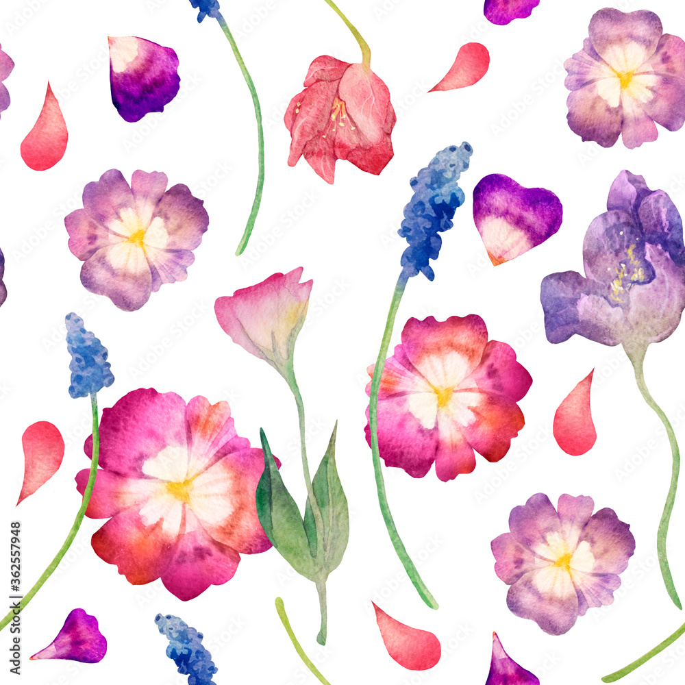 Watercolor seamless pattern. Leaves, petals, flowers, pansies on a white background Watercolor seamless pattern. Leaves, petals, flowers, pansies on a white background