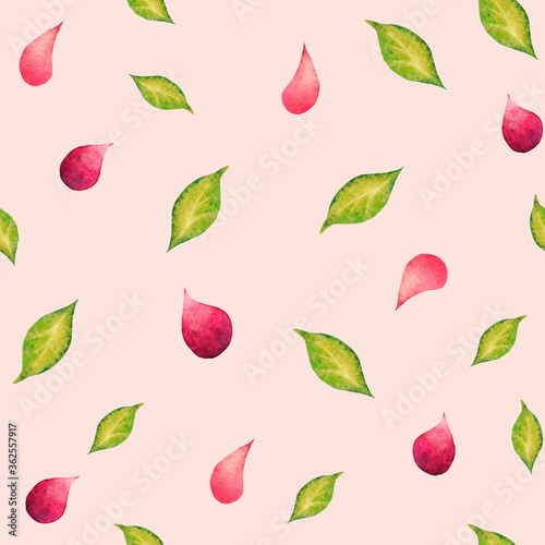 Watercolor seamless pattern. Leaves  petals on a pink background