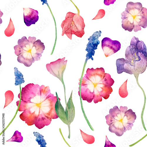 Watercolor seamless pattern. Leaves, petals, flowers, pansies on a white background © Marina