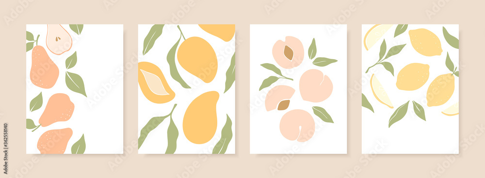 Stylish cover designs with summer fruits. Vector templates for postcards, print, posters, brochures, etc. Trendy hand drawn illustration.