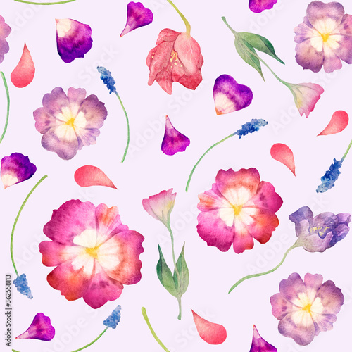 Watercolor seamless pattern. Pansies  flowers  leaves  petals  flowers on a pink background
