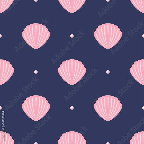 Flat pink seashells with pearls on dark purple background. Seamless ocean bright summer pattern. Suitable for textile  packaging  card.