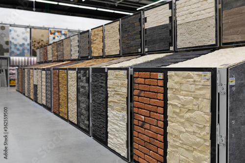 MINSK, BELARUS - April 01, 2020: brick imitation plaster walls, samples in the store