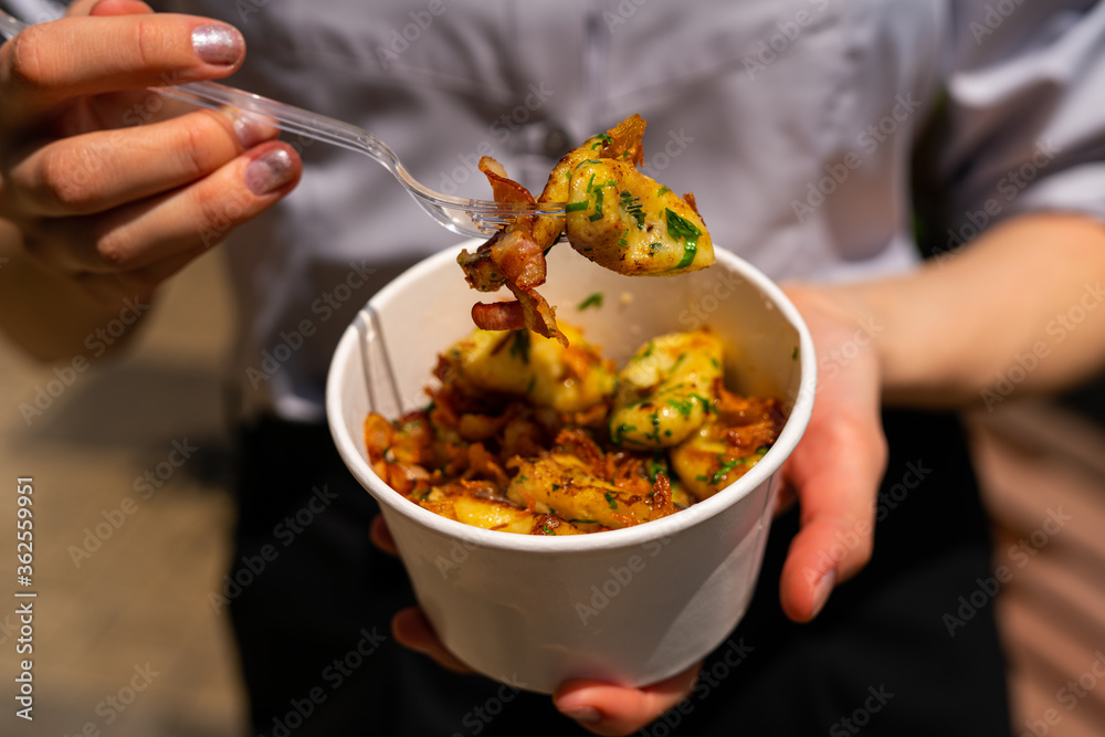 Cooked potato with chanterelle mushrooms in a pan. Healthy vegan food Cooked potato with chanterelle mushrooms in a pan. Healthy vegan food