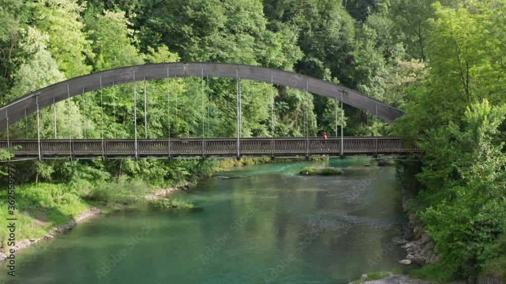 Aerial view of Serio river and old bridge, clean and green water,Seriana valley near Bergamo,Italy. Aerial view of Serio river and old bridge, clean and green water,Seriana valley near Bergamo,Italy.