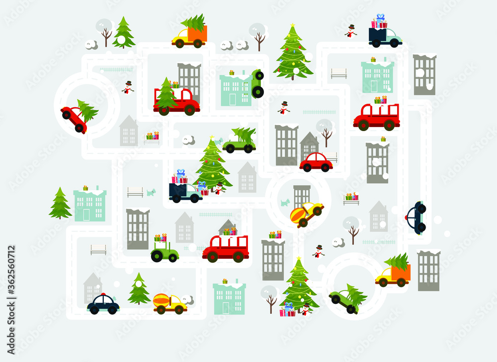 Christmas illustration with a map of the winter city. Vector illustration with houses, roads, trees, christmas trees, cars in a flat style Christmas illustration with a map of the winter city. Vector illustration with houses, roads, trees, christmas trees, cars in a flat style