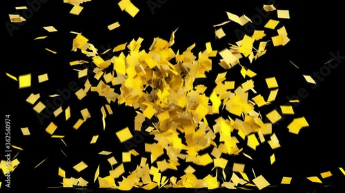 Yellow stickers fall down on a floor. Flying note papers. Alpha channel is included.