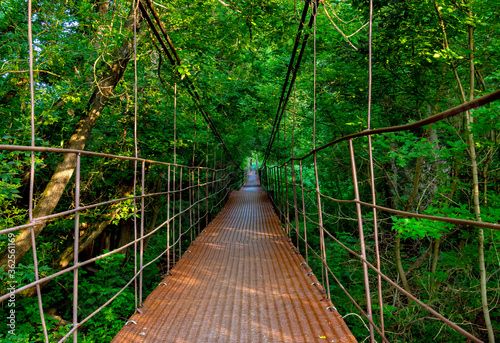 Long old pedestrian suspension bridge over dense green trees