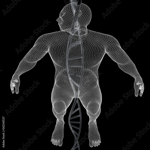 3D medical background with DNA strands and human. 3d render. On a black background.