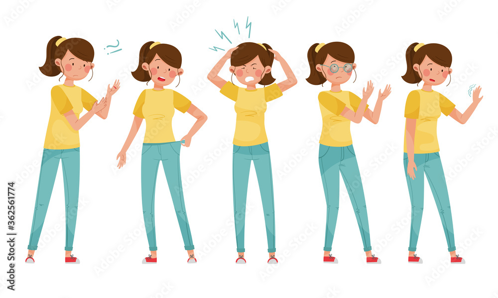 Fototapeta premium Female Character with Symptoms of Diabetes Vector Illustrations Set