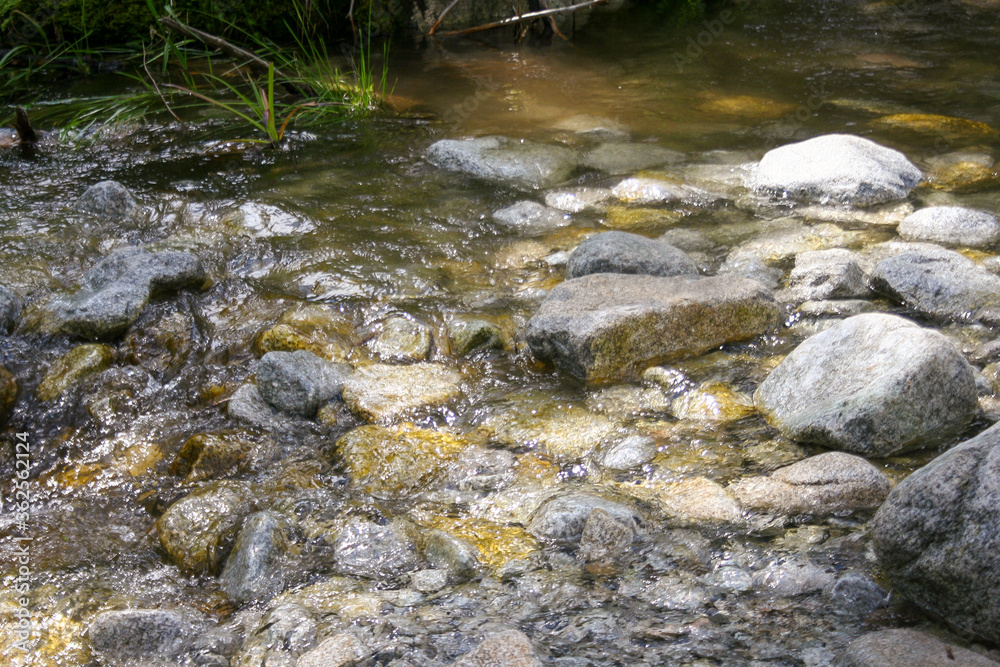Mountain stream river with many rock stone. Natural outdoor flowing river background.