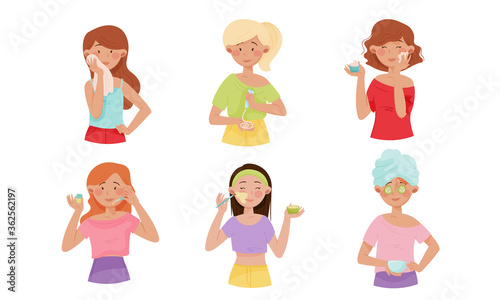 Young Girls Applying Cosmetic Cream, Oil and Facial Mask Vector Illustrations Set