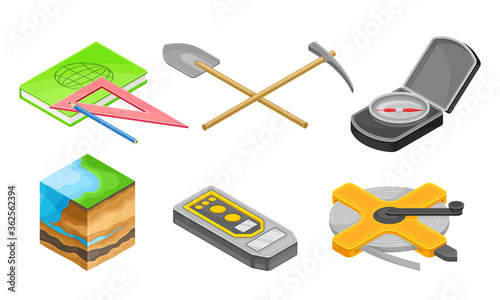 Geology Measurement Instruments with Soil Cross Section and Prospecting Hammer Vector Set
