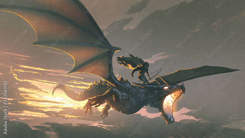 Fototapeta premium the black knight riding the dragon flying in the sunset sky, digital art style, illustration painting