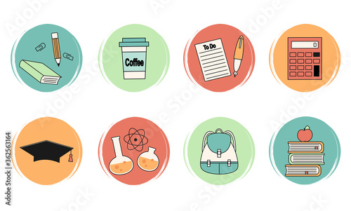 Vector set of logo design templates, icons and badges for social media highlights with cute school elements