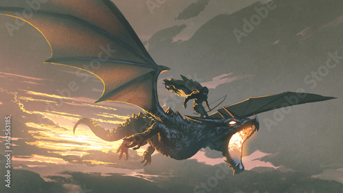 the black knight riding the dragon flying in the sunset sky, digital art style, illustration painting
